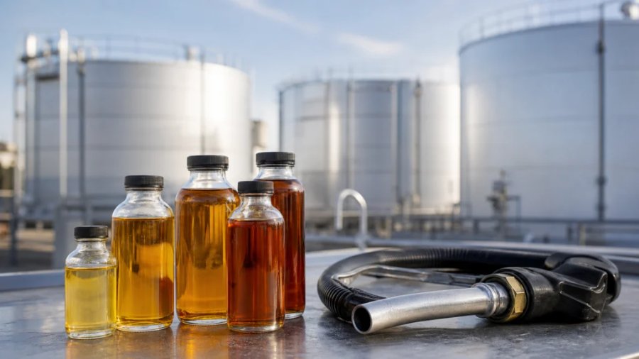 Amostras de combustíveis e derivados de petróleo com tanques industriais ao fundo