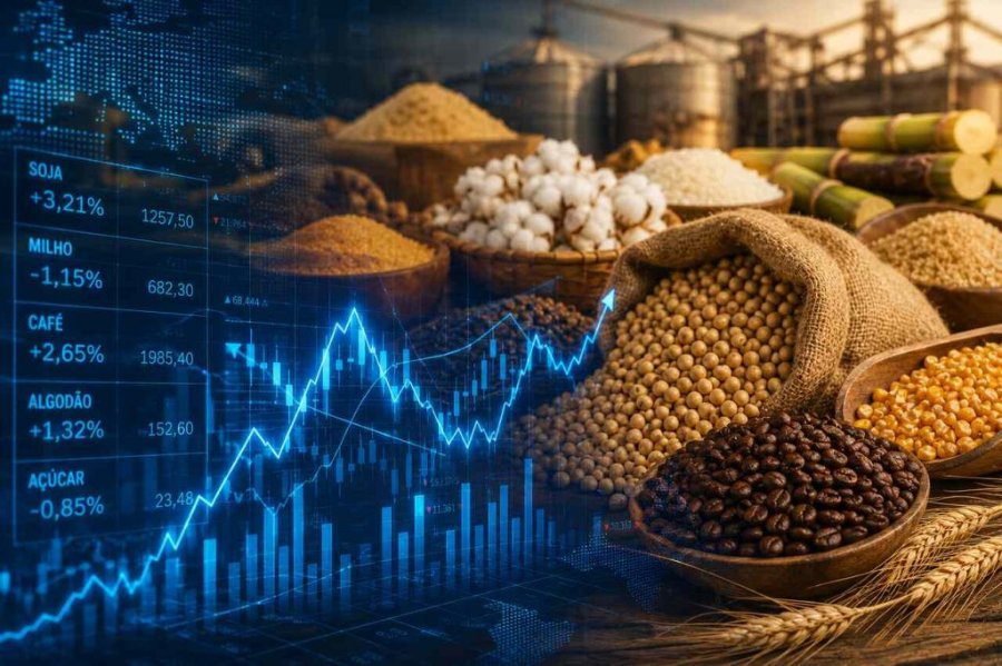 Grãos, commodities agrícolas e gráficos de mercado sobrepostos