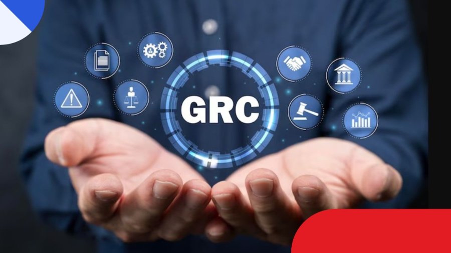 Mãos sustentando ícones de governança, riscos e compliance (GRC)