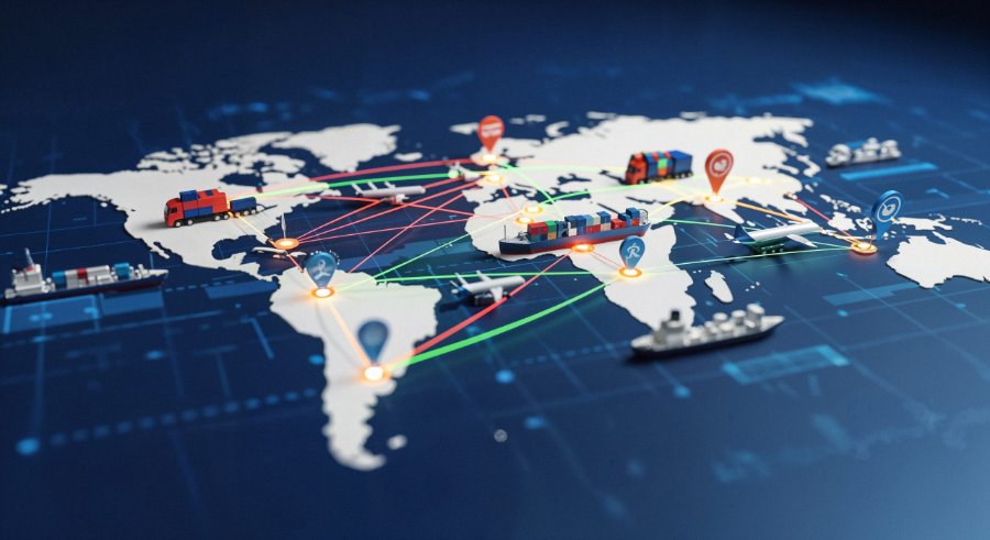 Mapa global 3D com rotas de comércio internacional, navios e cargas