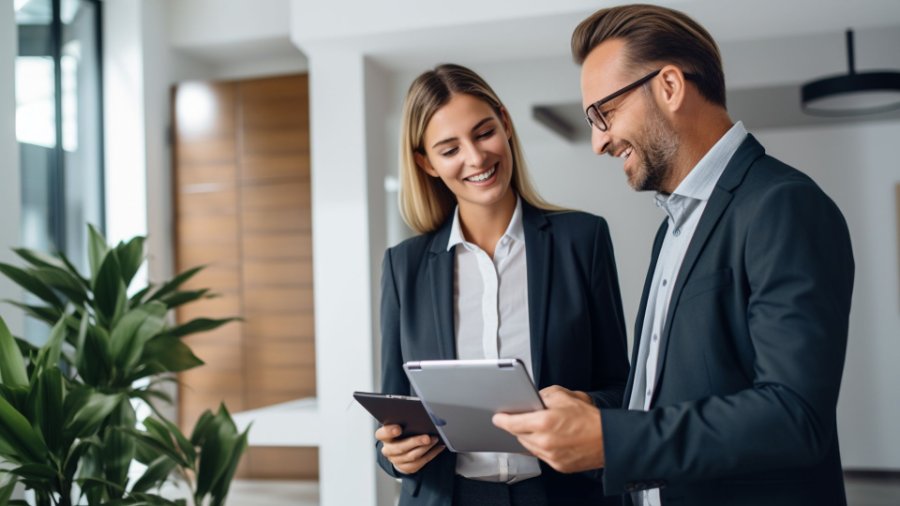 Dois executivos analisando dados em tablet